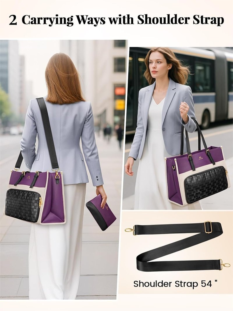 MATEIN Lunch Tote Bag for Women, 15.6 Inch PU Leather Laptop Briefcase with Insulated Lunch Compartment, Large Capacity Professional Computer Work Handbag with Purse for Office Nurse Teacher, 2 Sets