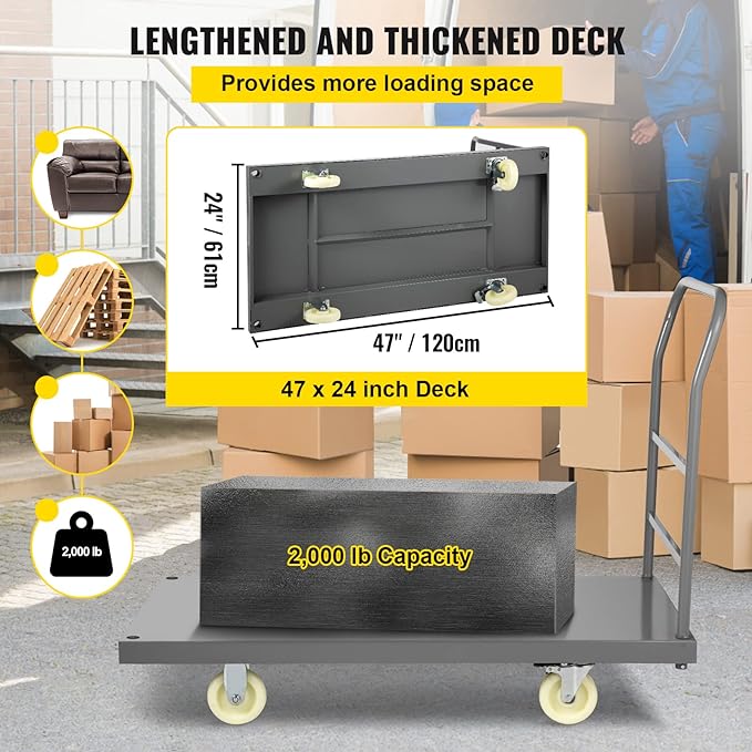 VEVOR Platform Truck, 2000 lbs Capacity Steel Flatbed Cart, 47" Length x 24" Width x 32" Height Flat Dolly, Hand Trucks with 5" Nylon Casters, Heavy-Duty Utility Push Carts for Luggage Moving
