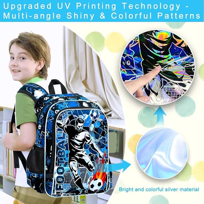 KLFVB 3PCS School Backpack, 17" Kids Football Bookbag and Lunch Box, Water Resistant Teenagers Backpacks for Middle Elementary - Soccer