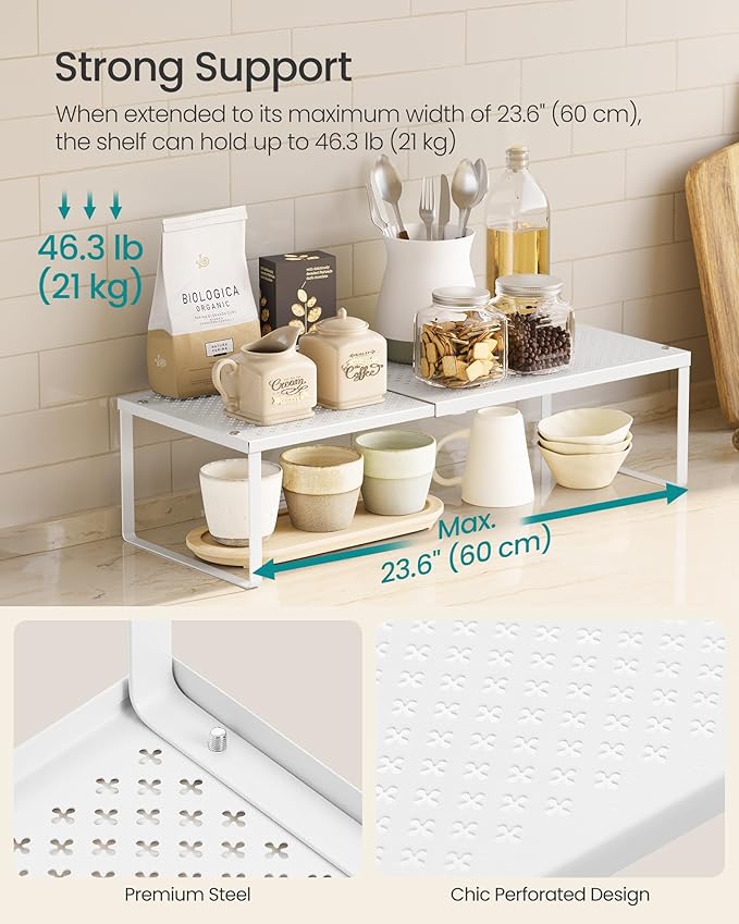 SONGMICS Spice Racks, Set of 3 Expandable Kitchen Countertop Shelves, Small Cupboard Organizers, Metal, Space-Saving Tabletop Shelves, Matte White UKCS403WC01