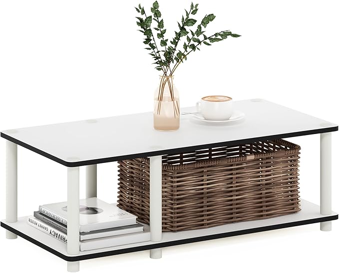 Furinno JUST TV Stand, 2-Tier No Tools Mid Entertainment Center with Open Shelf, TV Console for TV up to 46 Inch with Tubes, for Living Room, Bedroom, White