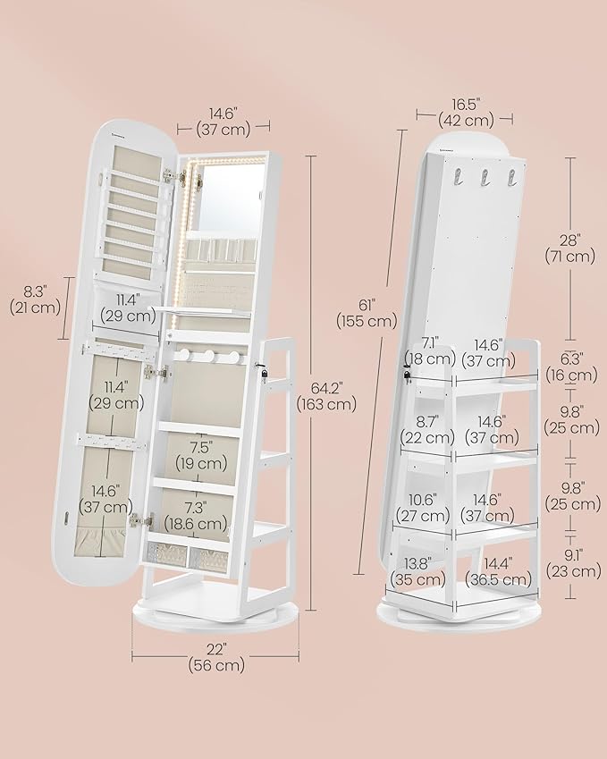 SONGMICS LED Jewelry Cabinet, 360° Swivel Jewelry Organizer, Lockable Mirror Jewelry Cabinet Standing, Rounded Wide Full-Length Mirror with Storage Shelves, Interior Mirror, Cloud White UJJC036W01