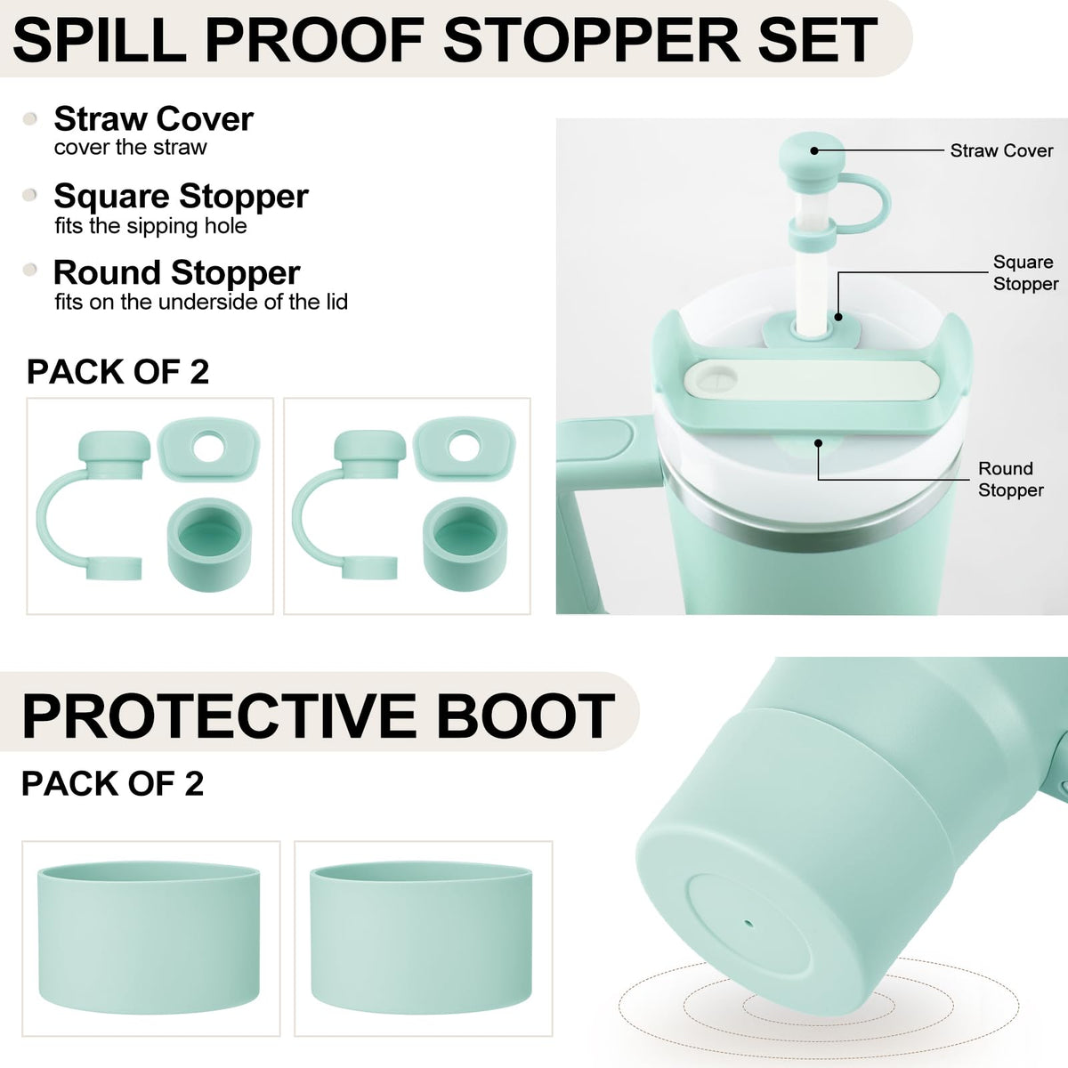 HYZ 8pcs Stanley Cup Accessories, Spill Proof Stopper & Boot Set, Seafoam