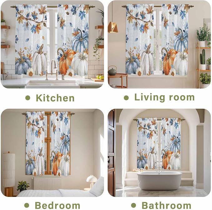 Fall Blue Maple Window Curtains 63 Inch Long 2 Panel Set, Rod Pocket Bedroom