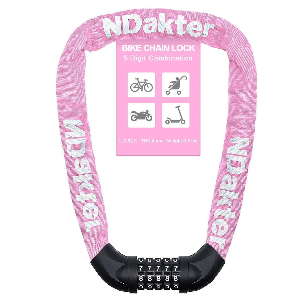 NDakter Bike Chain Lock, 5 Digit Combination Heavy Duty Anti Theft Bicycle Chain Lock,2.62/3.2/4.27/5/6Ft Long Security Resettable Bike Locks for Bike, Bicycle, Scooter, Door, Gate, Fence-4/6mm Thick