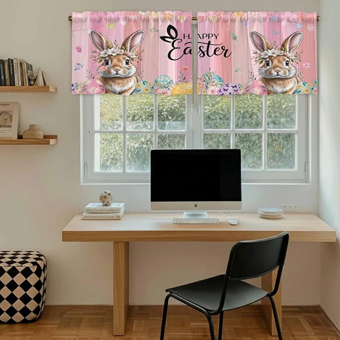 Easter Tier Curtains, Spring Rabbit Eggs Flowers Flags Leaves Wood Grain Light