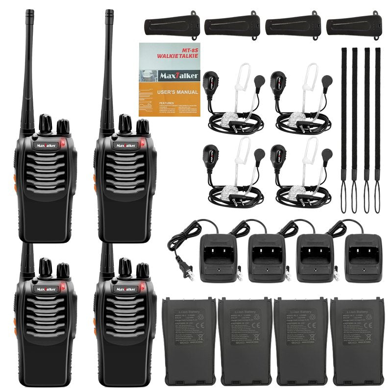 Rechargeable Walkie Talkies Long Range: MaxTalker MT-8S Walkie Talkie with Earpiece, Flashlight, VOX 1500mAh Battery, Walkie Talkies for Adults Business, Hunting Camping Essentials, 4 Pack