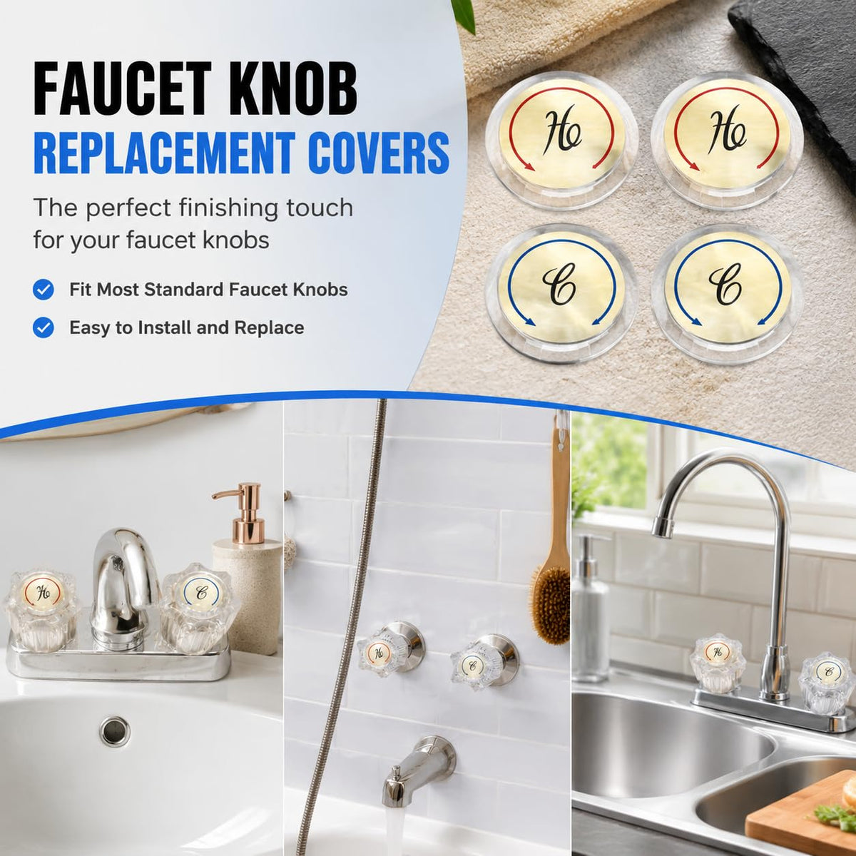 Universal Hot and Cold Faucet Index Buttons, 1.14 inch Inner Diameter Faucet Index Bathroom Sink Handle Buttons, Clear Acrylic with Gold for Delta/LDR/Delex/Peerless Two Clear Handles (4 pack)