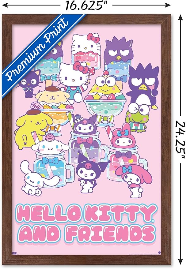 Trends International Hello Kitty and Friends: 24 Summer Fresh - Group Wall Poster, 22.4L x 14.7W, Mahogany Framed Version