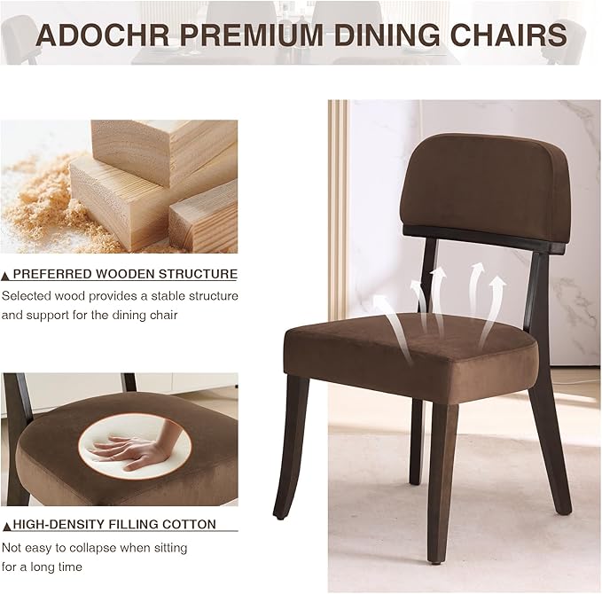 Modern Wood Dining Chairs Set of 2, Velvet Upholstered Kitchen Chairs with Open Curved Backrest & Black Hardwood Legs for Vanity, Living Room, 350 LBS Capacity, Brown