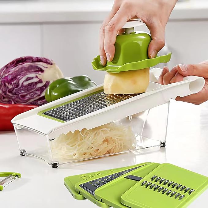 NACOLUS Cheese Grater with Container,5 In 1 Mandoline Slicer for Kitchen,Multi Purpose Vegetable Slicer, Easy to Clean Vegetable Chopper,Cheese Shredder,Julienne Slicer and Peeler