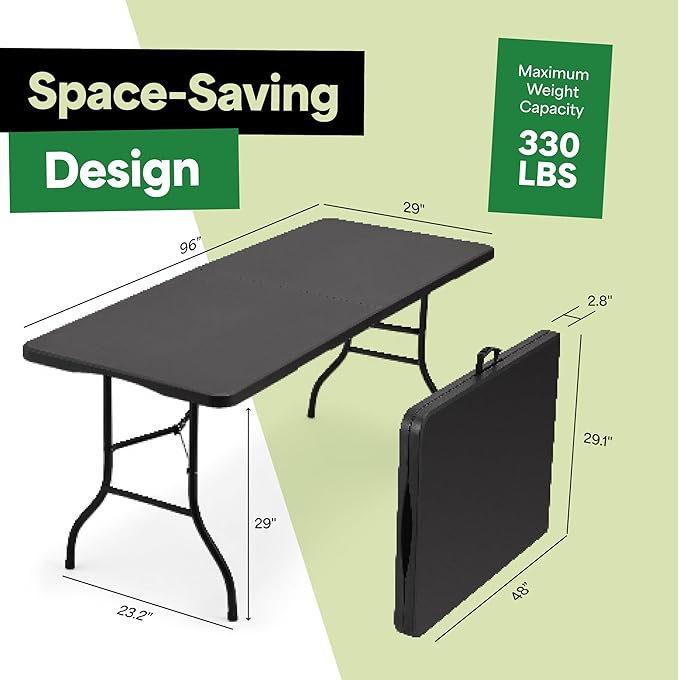 EconoHome Black 8ft Folding Table with Handle | Heavy-Duty Foldable Table | Portable Table for Indoor & Outdoor Use | Perfect for Events, Camping, Parties, Dining & More