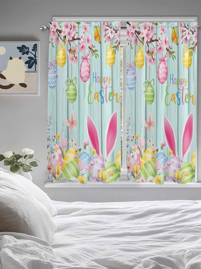 Happy Easter Bedroom Curtains 63 Inches length, Spring Bunny Eggs Flower Teal