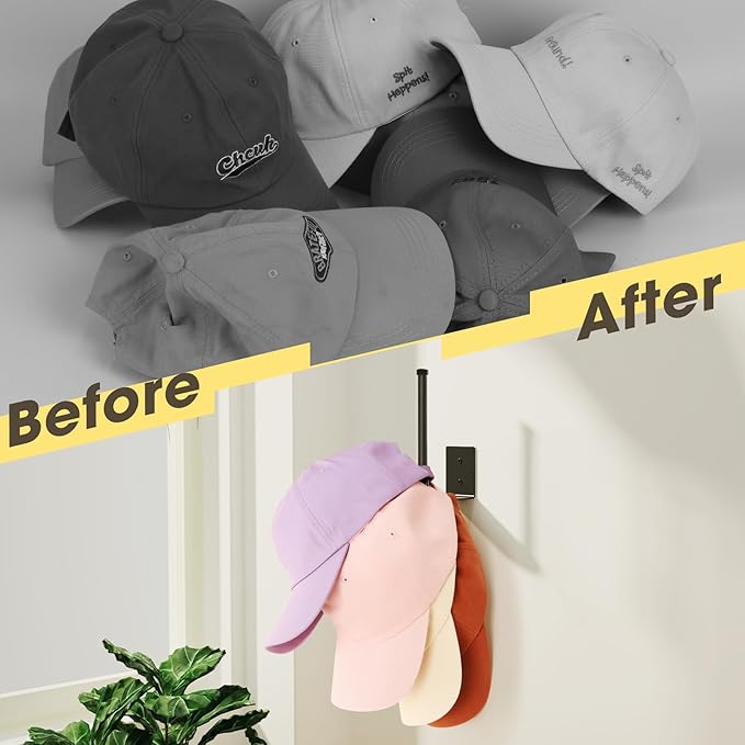 4 Pack Hat Racks for Baseball Caps, Stainless Steel Hat Organizer for Baseball Cap, Hat Holder Storage Organizer, H at Hanger Strong Adhesive/Wall Drilled for Door, Bedroom, Closet(Black 6 in)