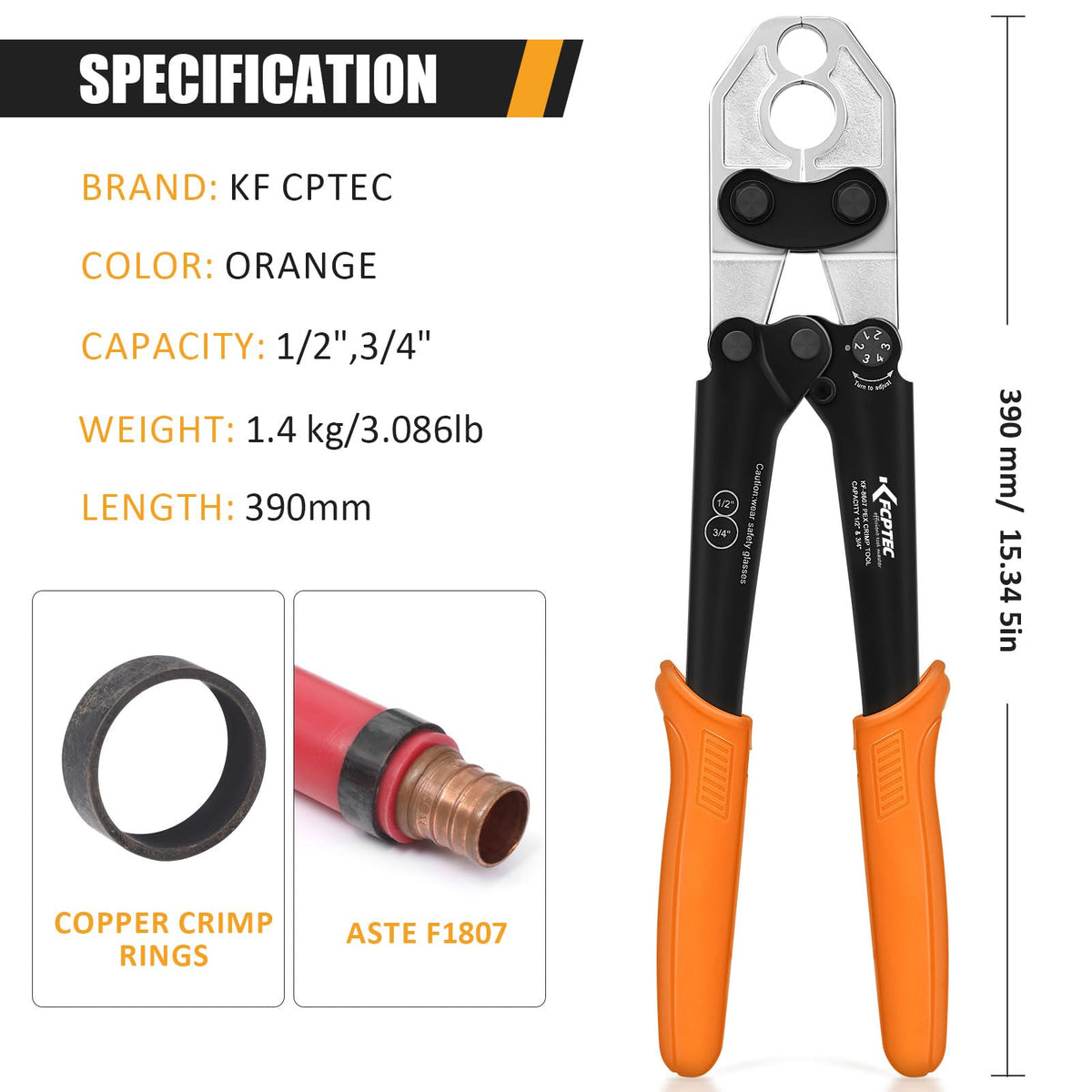 KF CPTEC PEX Crimping Tool 1/2 & 3/4 Inch Combo, PEX Crimp Tool for Copper Crimp Rings with Go/No-Go Gauge, Meets ASTM F1807 Standard, Durable PEX Plumbing Tool