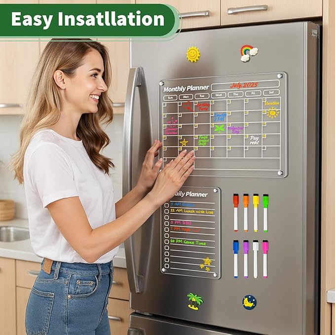 FINDMAG Acrylic Dry Erase Magnetic Calendar for Fridge, Magnetic Calendar for Refrigerator, Clear Monthly and Weekly Meal Planner Fridge Magnets, Chore Chart for Kids with 8 Colors Markers