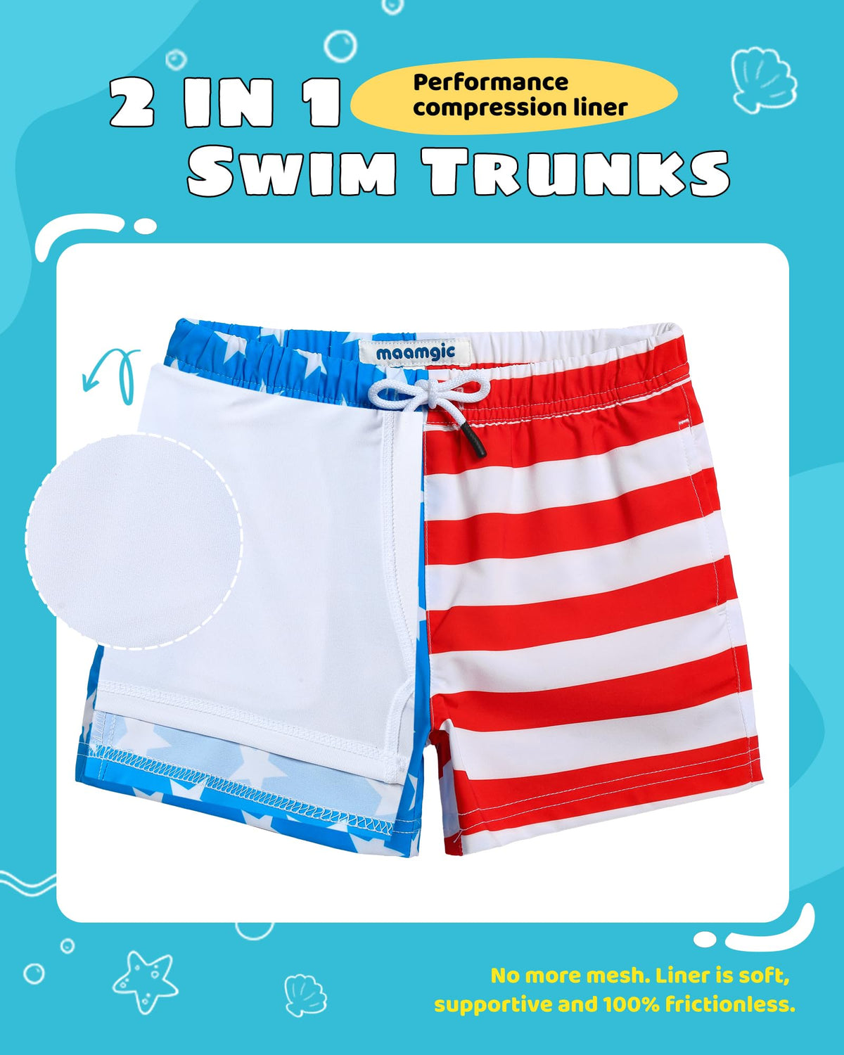 maamgic Boys Swim Trunks with Compression Liner Toddler Stretch Swim Shorts Quick Dry Swimming Trunks Boxer Brief 2 in 1 Beach Shorts American Flag 3T