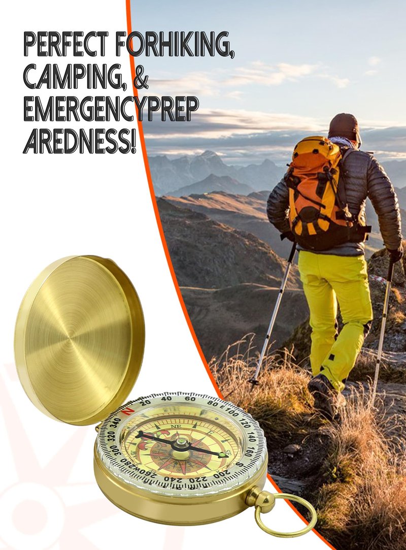 Waterproof Brass Compass for Hiking, Survival & Navigation – Large Dial Pocket Compass with Keychain Loop, Ideal Metal Brujula de Mano for Kids, Scouts, Hunting & Compass Gifts for Men