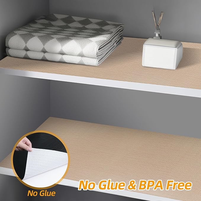 Shelf and Drawer Liner for Kitchen Cabinets Non-Adhesive, Strong Grip Non-Slip Thickened Cabinet Liners for Shelves, Waterproof Mats for Dresser Cupboard, Khaki, 17 in x 30 Feet
