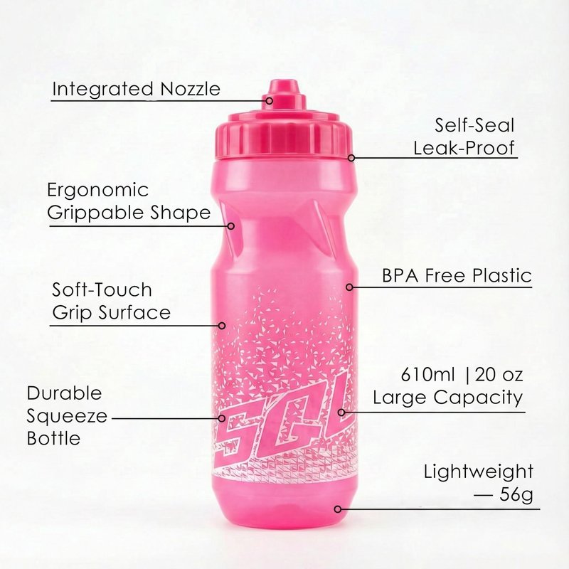 SQUALO Cycling Water Bottle 20oz / 610ml – Ultra-Lightweight 56g Squeeze Bike Bottle with Self-Sealing High Flow Nozzle – Leak-Proof, BPA-Free, Ergonomic Fit for Road & Mountain Biking (Pink)