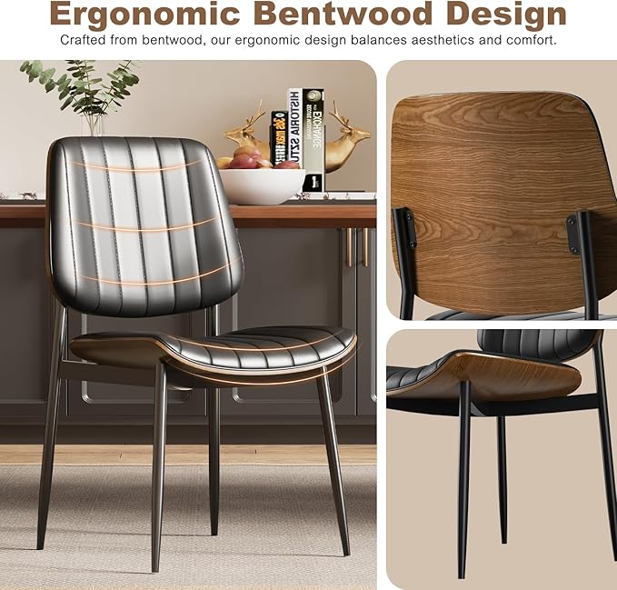 Modern Green Leather Dining Chair Set of 2, Bentwood Backrest & Black Metal Frame Ergonomic Comfort, Sustainable Style, Multi-Space Versatile, Black