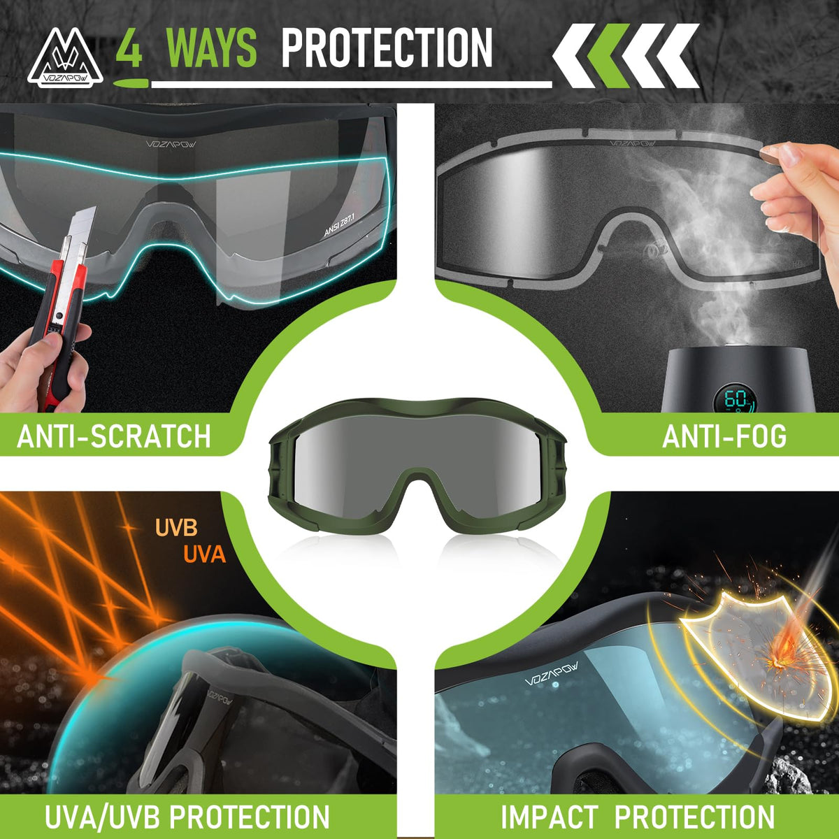 VOZAPOW Airsoft Goggles Anti Fog, Tactical Safety Goggles ANSI Z87+ Rating
