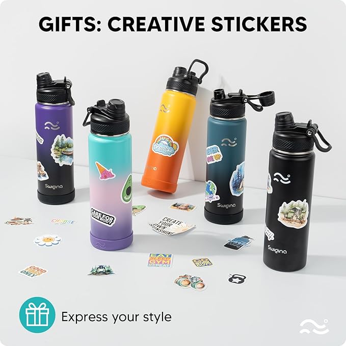 Swigina [2-IN-1 LID] Insulated Water Bottle with Silicone Boot (36hrs Cold/18hrs Hot) - DIY Stickers, Leakproof, BPA Free, 24 oz