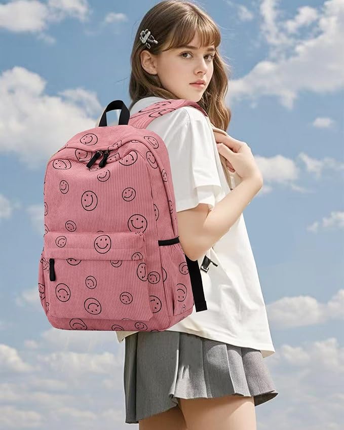 Backpack for Girls Boy Teen Corduroy Bookbags Elementary Middle High School Women Laptop Bag with Lunch Box Pencil Bag (Smile Pink)