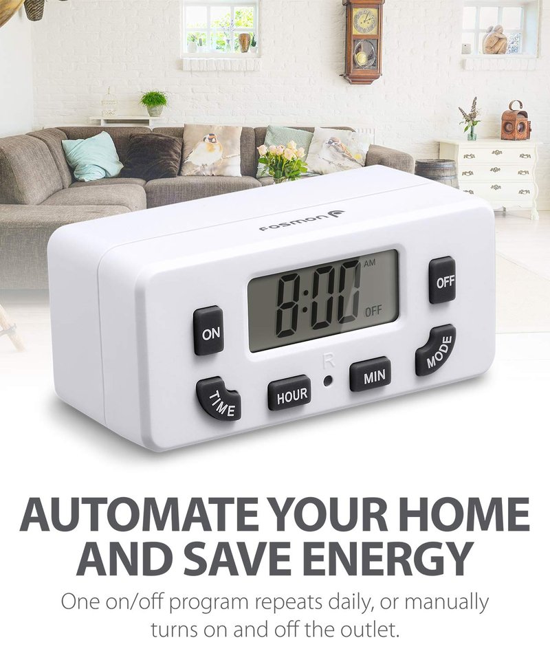 Fosmon 24 Hour Programmable Digital Timer Outlet (2 Pack), ON/Off Program, LCD Display, Mini Indoor Single Plug-in, 125V 15A for Seasonal Light, Lamp, Heater, Portable Fan, Aquarium