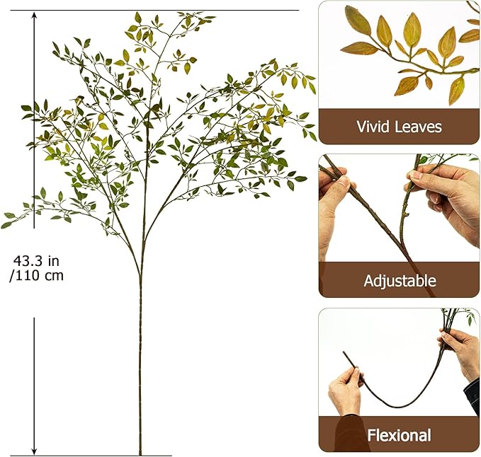 Artificial Greenery Stems, 43.3" Nandina Branches Tall Faux Plant Stems for Vase, Greenery Decor Stems Leaves Bunches for Shop Garden Office Home Décor,2Pcs,Orange