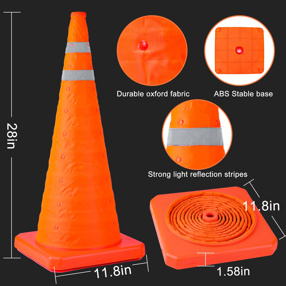 TENKAIWICK 28 Inch 4 Pack Traffic Cones with Storage Bag, Collapsible Safety Cones, Multi Purpose Pop-up Cones with Reflective Collar, Orange Cones for Parking lot, Driveway, Driving Training etc