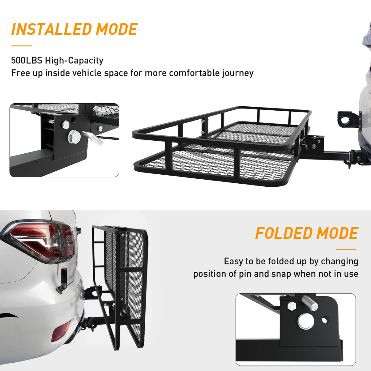 Wildroad Hitch Cargo Carrier Basket Combo 60" x 24" x 6" 500 LBS Folding Trailer Hitch Cargo Carrier Fits 2" Receiver with 18.2 Cubic feet Cargo Bag, Hitch Stabilizer, Cargo Net and Ratchet Straps