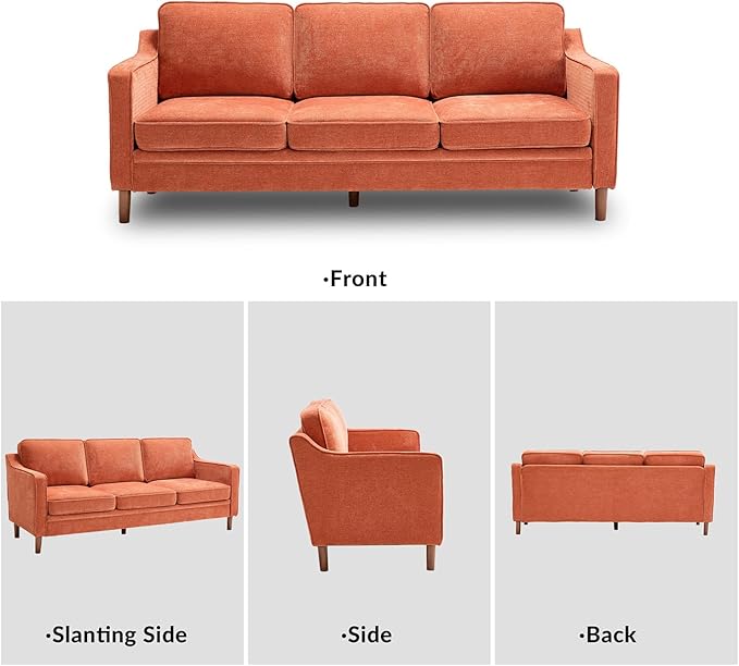 Kingfun 80" Chenille Sofa, 3 Seater Couch, Mid Century Modern Couches with Solid Wood Frame for Living Room & Bedroom, Orange