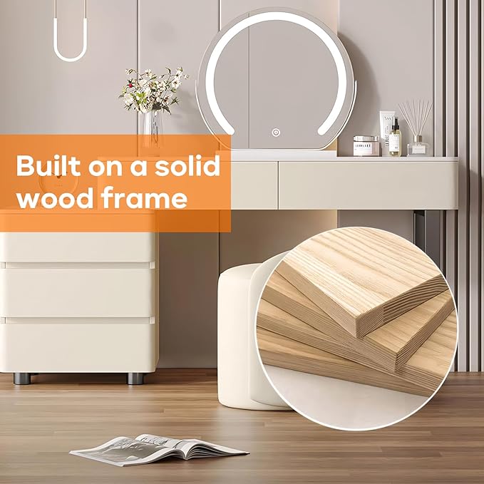 Solid Wood Vanity Desk, Modern Makeup Vanity with Drawers & Rock Slab Countertop and LED Light Mirror, Simple Dressing Table with Makeup Stool for Bedroom(Orange)
