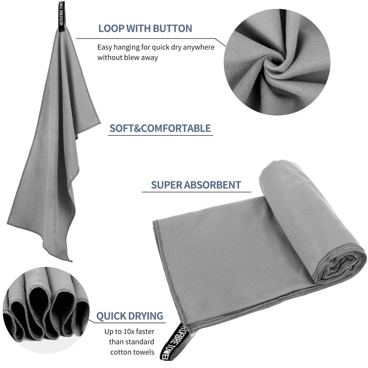 ZIUDBOC Microfiber Travel Towel, Soft Lightweight Quick Dry Towel, Super Absorbent Compact Travel & Sports & Beach Towels for Camping, Backpack, Gym, Swimming, Yoga, Hiking (M:20"×40" -Gray)
