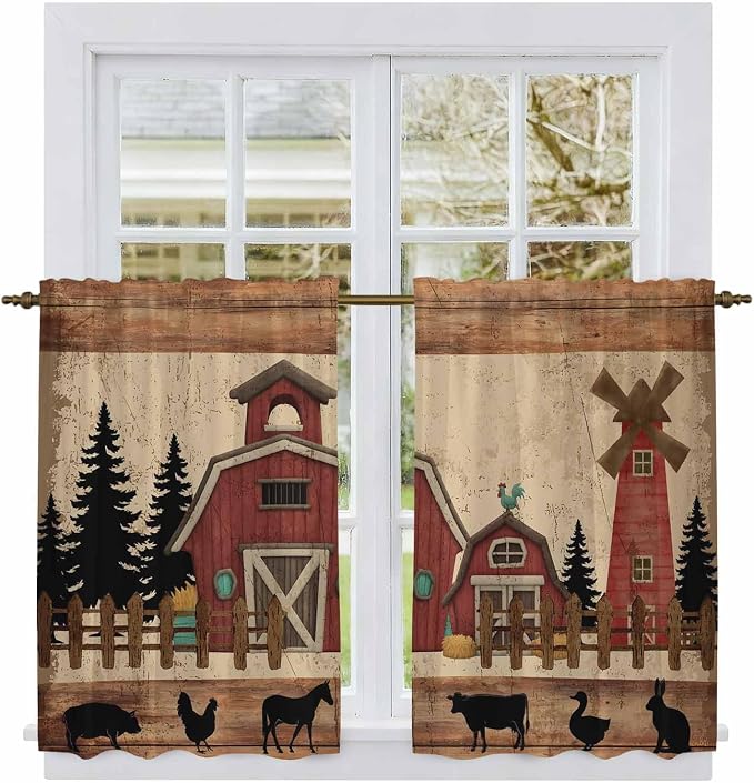 Brown Farmhouse Kitchen Curtains, Vintage Country Animals Wooden Grain Light