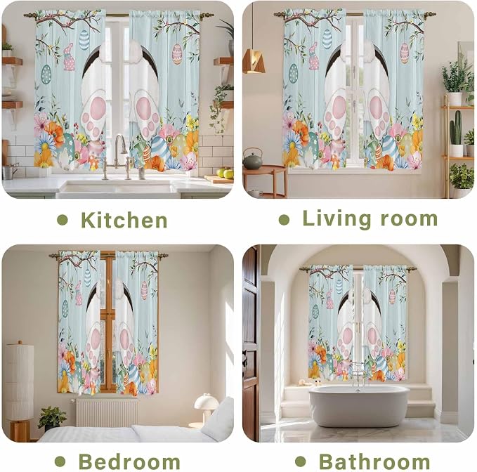 Easter Bunny Window Curtains 63 Inch Long 2 Panel Set, Rod Pocket Bedroom