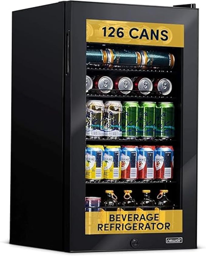 NewAir 126 Can Beverage Refrigerator | Freestanding Small Mini Fridge for Bedroom with Glass Door | Drink Cooler with Adjustable Shelves, Quiet Cooling & Locking Door | Black