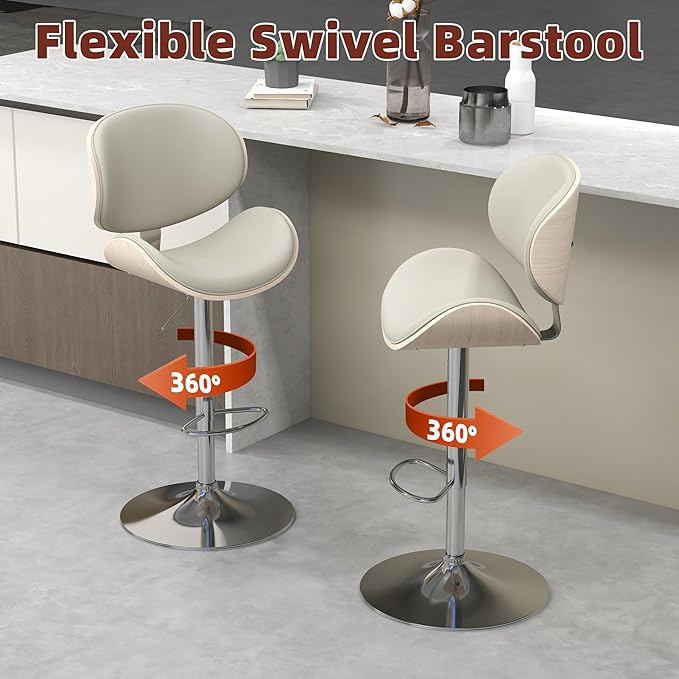 civama Bar Stools Set of 6 for Kitchen Counter, Adjustable Bar Height Chairs, Modern Swivel Barstools with Bentwood Seat and Back with Footrest for Kitchen Island, Dining Room, Grey PU Leather