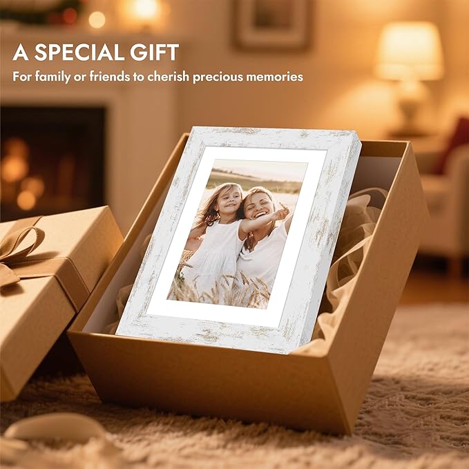 6x6 Picture Frame with Glass, Display Pictures 4x4 with Mat or 6 x 6 without Mat - Wall and Tabletop, 6 by 6 Photo Wooden Frames (Distressed White, 1 Pack)