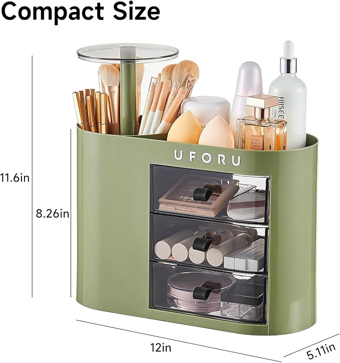 Makeup Organizer with Pop-Up Brush Holder for Dresser Vanity, Plastic Bathroom Counter Organizer with 3 Drawers & Dust-Proof Cover, Cosmetic Display Case for Lipstick, Skincare, Vintage Green