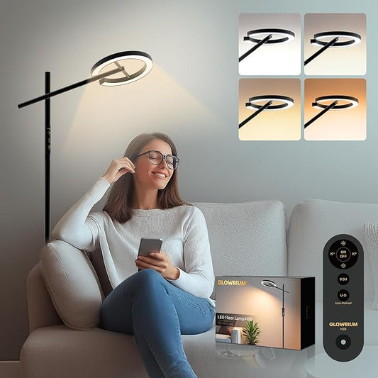 GLOWRIUM-H1B Light Therapy Lamp 12000 Lux, LED UV-Free Sun Lamp, Full Spectrum Happy Natural Mood Therapy, Stepless Dimmable Modern Sunlight Floor Light with Remote and Timer