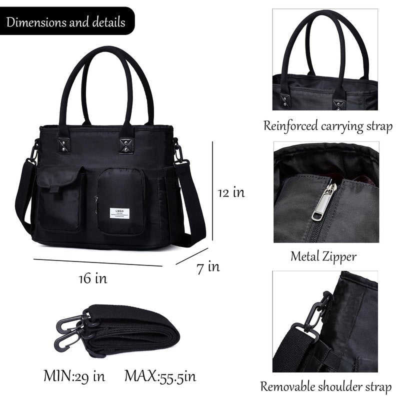 LMGO Large Utility Tote Bag with Multi-pockets and Compartment for Women, Crossbody Shoulder Bags with Zipper for Work, Travel Essentials for Nurse Teacher Carry On - Black