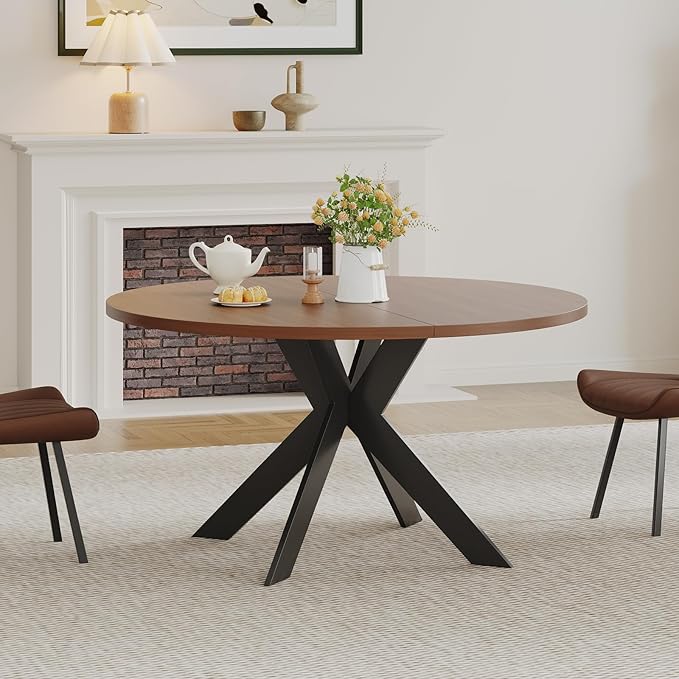 45.3" Walnut Round Dining Table Set with 2 Chairs – Mid-Century Modern Small-Space Kitchen & Dining Room Furniture for Apartment or Breakfast Nook (Boxwood – Table + 2 Brown Chairs)