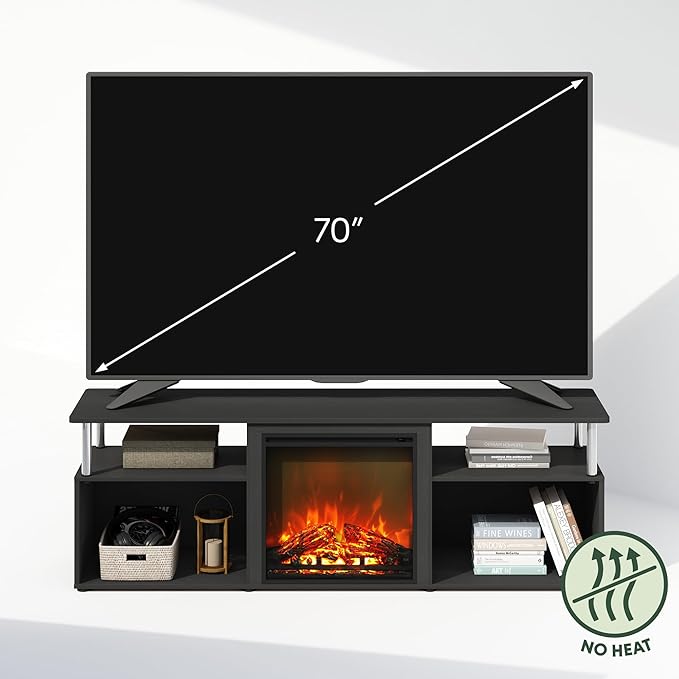 Furinno Jensen Fireplace TV Stand, NO Heat Decorative Electric Fireplace TV Stand for TV up to 70 Inch, with Open Storage, for Living Room, Americano/Stainless Steel