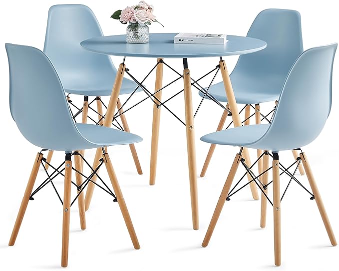 Round Dining Table Set for 4 31.5" Wood Dinner Table Circle Dining Table Kitchen Table Chairs Set of 4 with Wood Strip Base for Kitchen Living Room Space Saving Apartment(Blue)