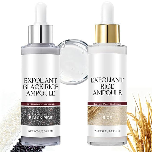 Glow Rice Ampoule Duo - 2PCS White & Black Rice Exfoliant,Rice Exfoliator for Face & Body,Gentle Peel to Remove Dead Skin & Blackheads,Rejuvenating Hydration Rice Ampoule Exfoliant for All Skin Types