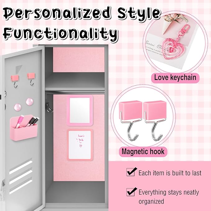 12 Pcs Locker Accessories Kit Magnetic Mirror Whiteboard Pen Holder Magnet Hook Locker Wallpaper Rug Keychain Marker String Light for Back to School Essentials Decorations(Pink)