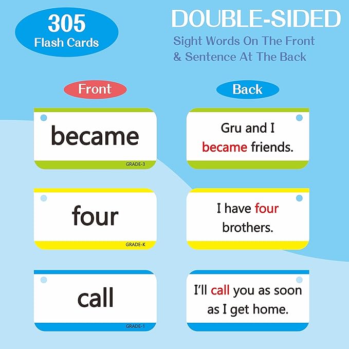 305 Dolch & Fry Sight Words Flash Cards, Include 250 Words with Sentences Plus 50 Blank Cards and 5 Index Cards, Educational Word Reading Flash Cards for Preschool to 3rd Grade