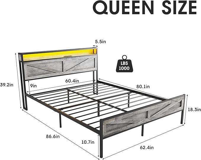 Vabches Queen Size Bed Frame with Headboard and Charging Station, Wash Grey Platform Bed Frame with Led Light, No Box Spring Needed, Noise Free Farmhouse Bedroom Set